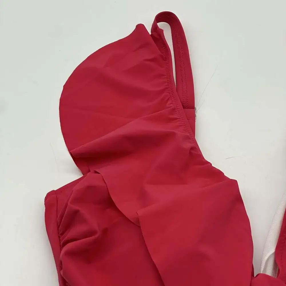 Profile by Gottex Tutti Frutti Size 14 Red Rose V-Neck Ruffle One Piece Swimsuit